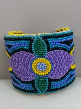 Handmade Adjustable Beaded Floral Cuff Bracelet - Purple & Yellow